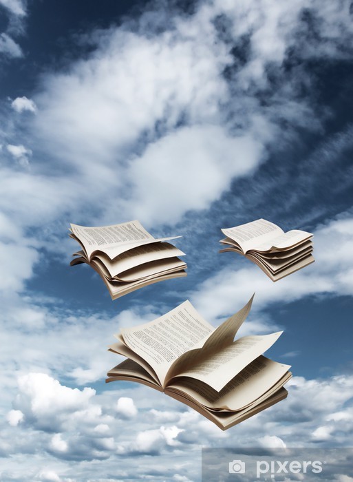 Three open books flying on blue sky