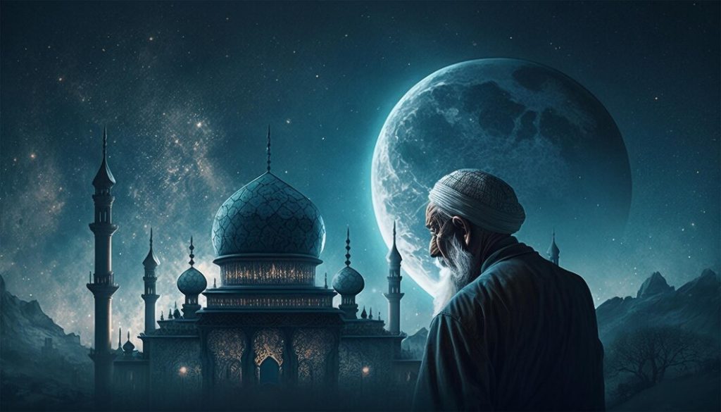 man-stands-front-mosque-with-moon-background_618582-967