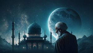 man-stands-front-mosque-with-moon-background_618582-967